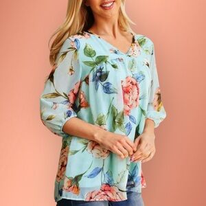 Boutique Chiffon Floral Lined 3/4 Puff Sleeve Top Women’s M (8/10) Turquoise
